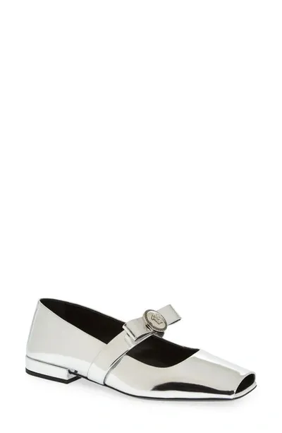 Versace Medusa Bow Open Toe Metallic Mary Jane Flat In Silver Palladium