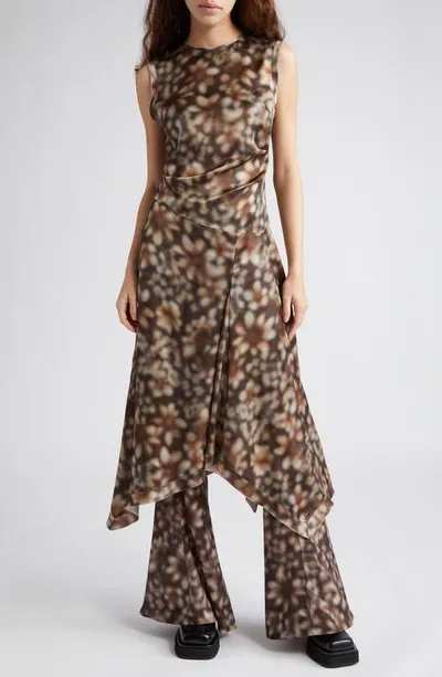 Acne Studios Printed Satin Sleeveless Midi Dress In Brown,beige