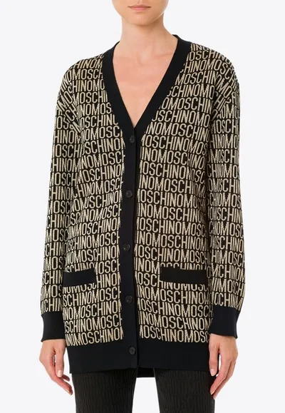 Moschino Jaquard Logo Cardigan Sweater, Cardigans Black In Multicolor