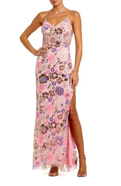 Mac Duggal Floral Sequin Gown In Pink Multi