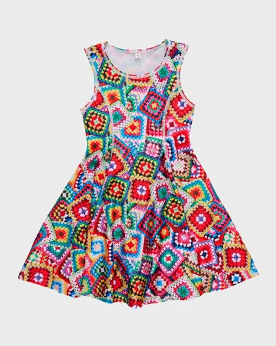 Terez Kids' Girl's Granny Squares Hi-shine Skater Dress In Multi