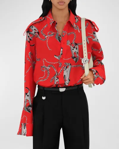 Burberry Knight Hardware Silk Shirt In Silver Red