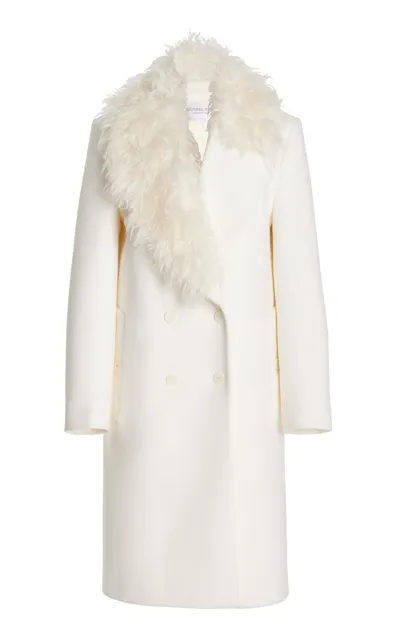 Michael Kors Mohair Collar Double-breasted Wool Coat In Ivory