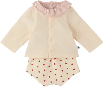 Petit Bateau Kids' Baby Pink & Beige Three-piece Set In 01 Avalanche/multico