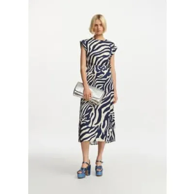 Essentiel Antwerp Fayola Zebra-stripe Cap-sleeve Midi Dress In Blau