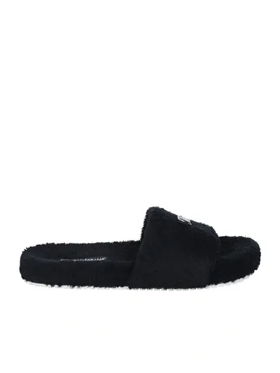 Dolce & Gabbana Terrycloth Sliders With Logo Tag In Black