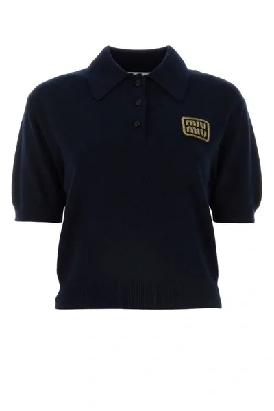 Miu Miu Cashmere Knit Polo Shirt In Blue