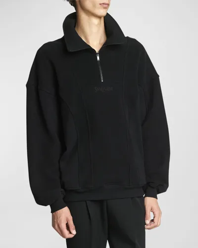 Saint Laurent Men's Quarter-zip Logo Sweatshirt In Nero