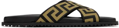 Versace Black & Gold Greca Sandals In 2b150-black+gold