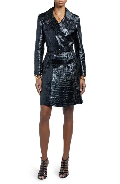 Tom Ford Croco Embossed Belted Leather Trench Coat In Black