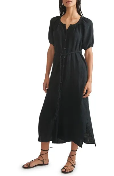 Marine Layer Belted Double Cloth Midi Shirtdress In Black