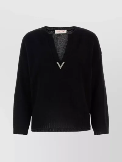 Valentino Wool Knit V-neck Sweater In Black