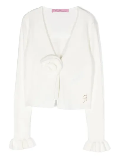 Miss Blumarine Kids' White Ribbed Cardigan With 3d Rose