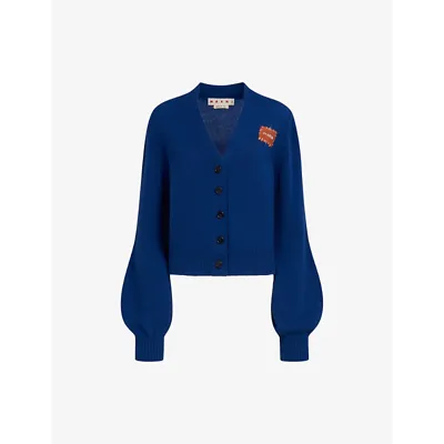 Marni Logo-patch Cashmere Cardigan In Blue