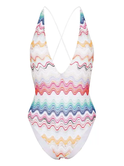 Missoni White Zigzag-knit Halterneck Swimsuit