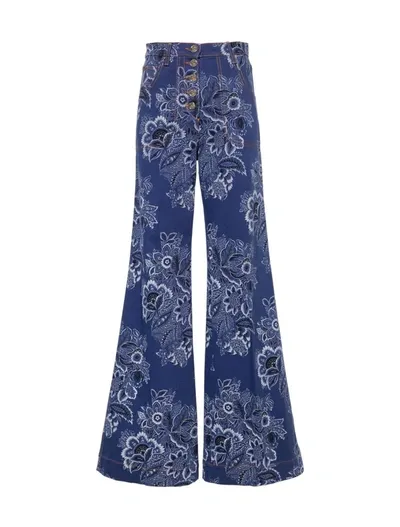 Etro Floral Denim High Rise Flared Jeans In Azul