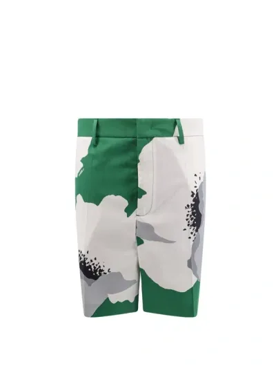 Valentino Cotton Bermuda Shorts With  Flower Portrait Print In Green