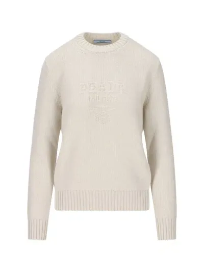 Prada Logo Inlay Crewneck Jumper In Beige