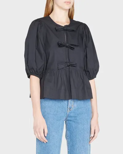 Ganni Poplin Front-tie Peplum Blouse With Puffed-sleeves In Black