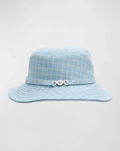 Versace Tweed Bucket Hat In Pastel Blue White