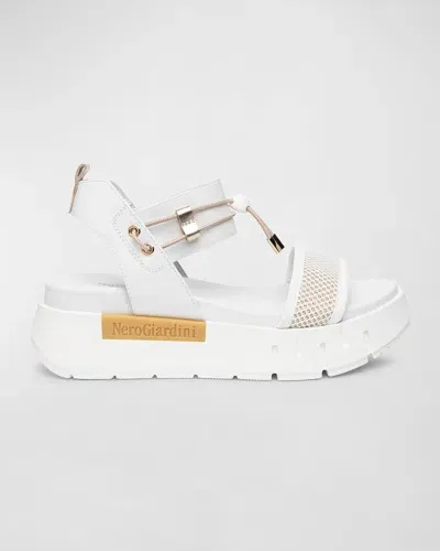 Nerogiardini Bungee Leather Flatform Sandals In White