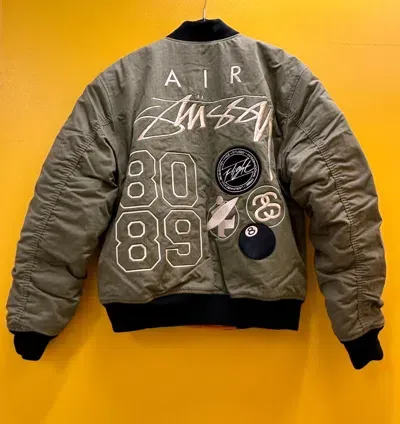 Pre-owned Nike Stussy X  Reversible Varsity Jacket Olive/mandarin I Grösse S-xl I Fj9153-222 In Grün