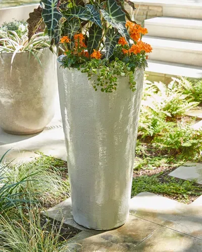 Emissary Trading Large Round Tall Planter In Distressed White Glaze