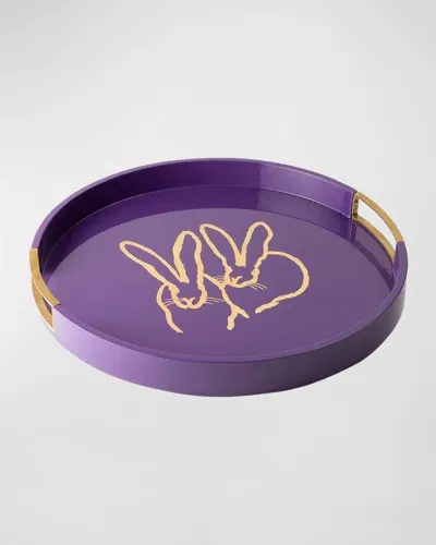 Hunt Slonem Bunny Drinks Lacquer Tray With Brass Handles In Purple