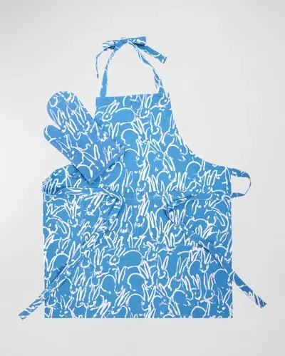 Hunt Slonem Fluffle Bunny Khadi Print Apron & Oven Mitt Collection In Blue