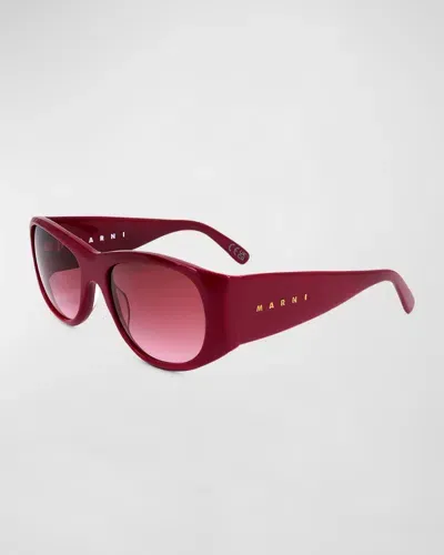 Marni Logo Acetate Wrap Sunglasses In Bordeaux