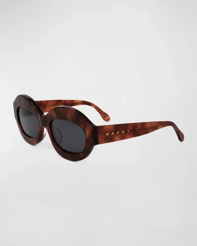 Marni Logo Acetate Oval Sunglasses In Blonde Havana