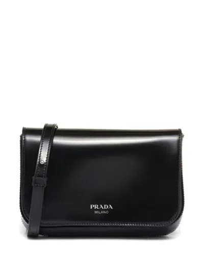 Prada Brushed Patent-leather Shoulder Bag In Nero