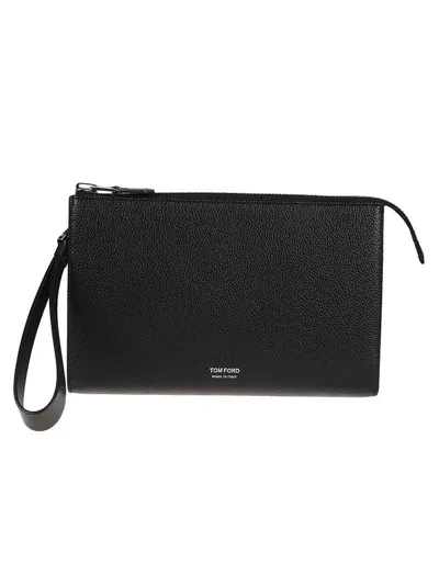 Tom Ford Logo Detailed Zipped Clutch Bag In Black