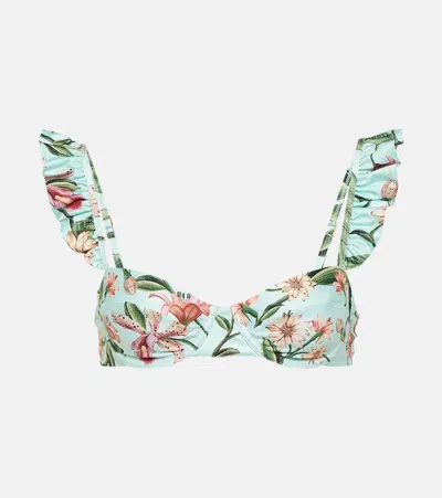 Agua By Agua Bendita Kiwi Floral Ruffled Bikini Top In Blue