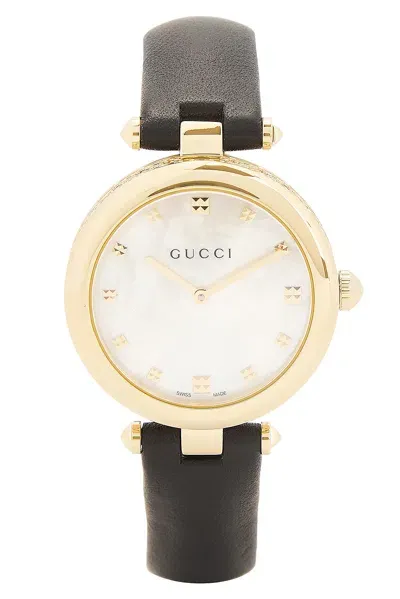 Gucci White Mother Of Pearl Dial Leather Strap Watch In Black