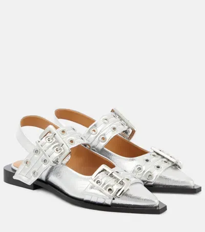 Ganni Metallic Slingback Flats In Silver