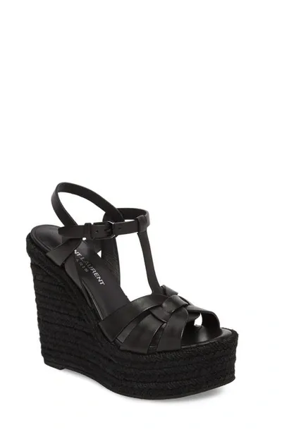 Saint Laurent Tribute Woven Leather Espadrille Wedge Sandals In Nero