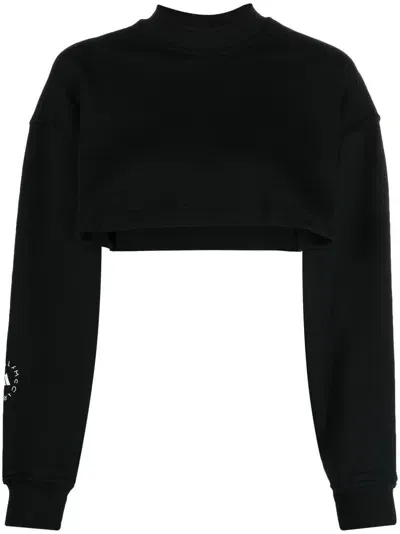 Adidas By Stella Mccartney Cropped Cotton Jersey Sweatshirt In Black