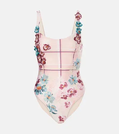 Agua By Agua Bendita Gema Prado Floral-appliqué Swimsuit In Pink