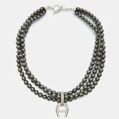 Pre-owned Aigner Logo Crystals Black Faux Pearls Silver Tone Multistrand Necklace