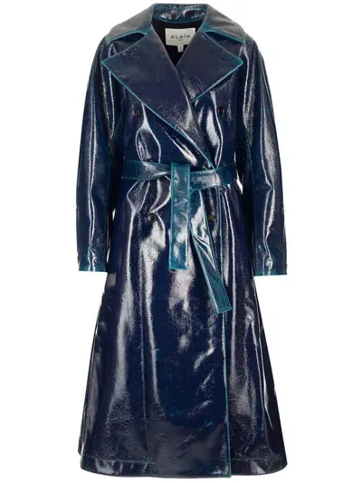 Alaïa Double-breasted Belted Trench Coat In Blue