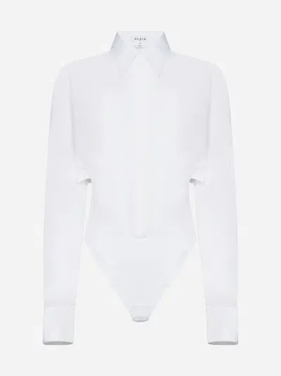 Alaïa Sheer Collared Long-sleeve Bodysuit In White