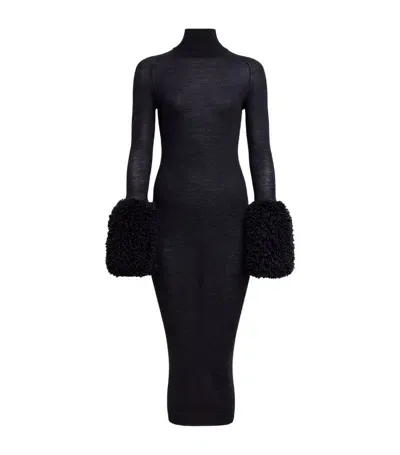 Alaïa Faux Fur-trimmed Wool-jersey Midi Dress In Black