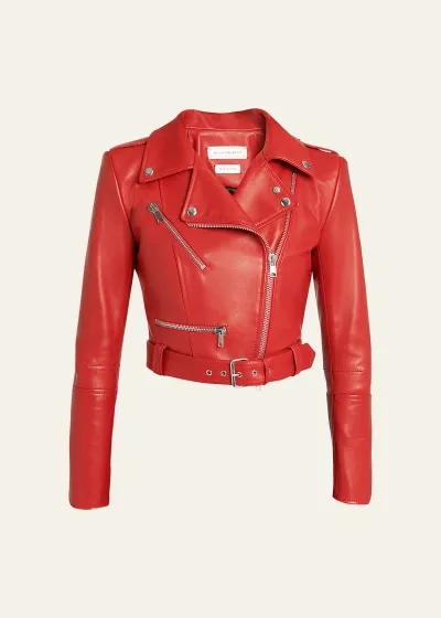 Alexander Mcqueen Cropped Leather Biker Jacket In Welsh Red