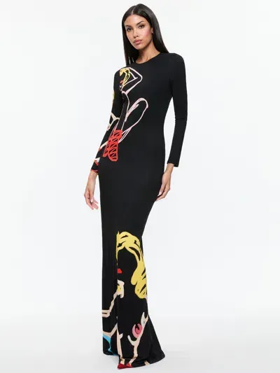 Alice And Olivia A+o X Tom Wesselmann Delora Open Back Maxi Dress In Black Print