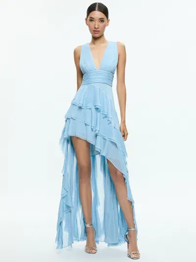 Alice And Olivia Holly Low Neck Asymmetric Ruffled Maxi Dress In Mineral Blue