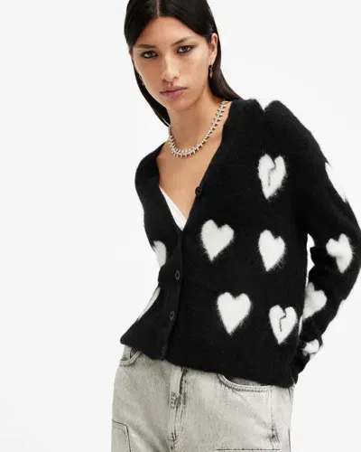 Allsaints Amora Love Heart Jacquard Brushed Cardigan In Black/chalk White