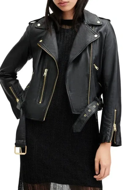 Allsaints Balfern Belted Leather Biker Jacket In Black/gold