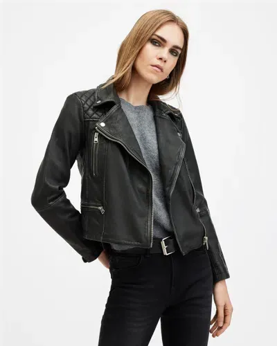 Allsaints Cargo Distressed Leather Biker Jacket In Black/grey