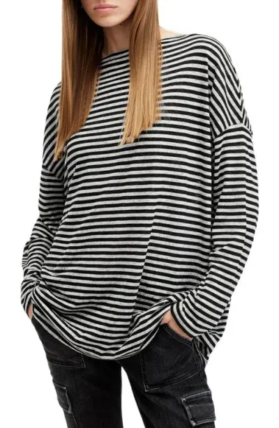 Allsaints Rita Stripe Long Sleeve Boatneck T-shirt In Chalk/ink